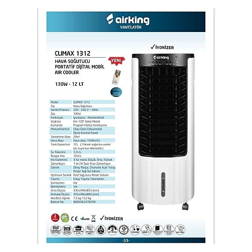 Airking 1312 Climax Hava Soğutucu 130w Siyah - 2
