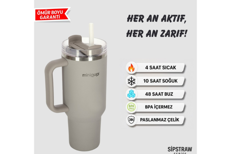 MiniQup Q3 SipStraw 900ml Pipetli Termos Mat Gri - 2