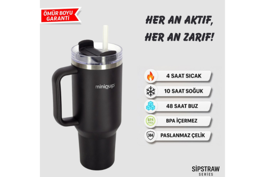 MiniQup Q3 SipStraw 900ml Pipetli Termos Mat Siyah - 2