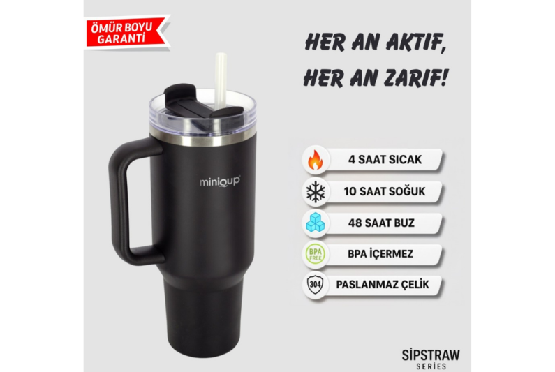 MiniQup Q3 SipStraw 900ml Pipetli Termos Mat Siyah - 2