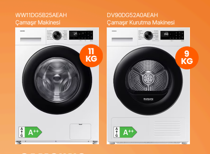 Samsung 11 kg Çamaşır Makinesi (WW11BGA046AEAH) + 9kg A++ Kurutma Makinesi Beyaz (DV90CGC0A0AEAH) Beyaz Eşya seti - Samsung