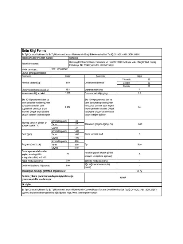 Samsung 11 kg Çamaşır Makinesi (WW11BGA046AEAH) + 9kg A++ Kurutma Makinesi Beyaz (DV90CGC0A0AEAH) Beyaz Eşya seti - 8