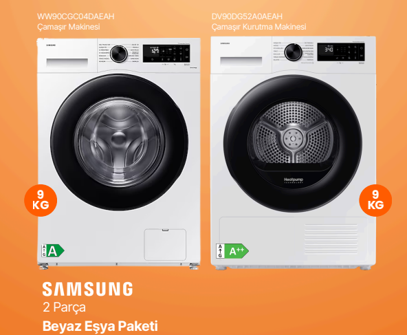 Samsung 9 kg 1400 Devir Çamaşır Makinesi ( WW90CGC04DAEAH ) + A++ 9kg Kurutma Makinesi Beyaz (DV90CGC0A0AEAH) Beyaz Eşya Set - 1