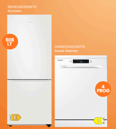 Samsung Buzdolabı E Enerji Sınıfı 508 L Mono Cooling Alttan Donduruculu (RB50DG601EWWTR) Beyaz + Samsung 4 Programlı Bulaşık Makinesi Beyaz (DW60DG540FWQTR ) Beyaz Eşya Seti - 1