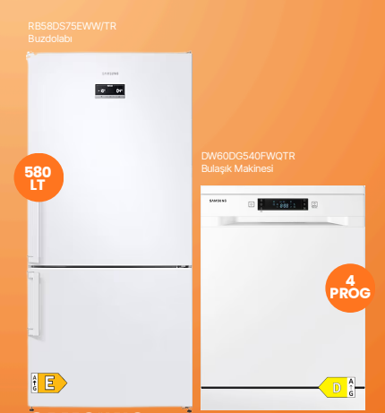 Samsung No Frost Buzdolabı (RB58DS75EWW/TR ) + 4 Programlı Bulaşık Makinesi (DW60DG540FWQTR ) Beyaz Eşya Set - Samsung