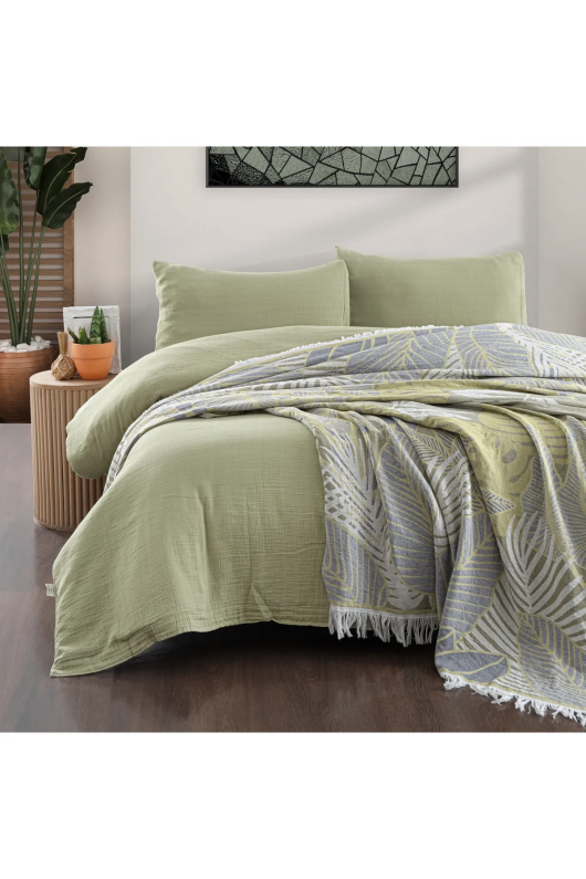 Schafer Home Nature Müslin Yatak Örtüsü Nevresim Seti 5 Parça-Yeşil