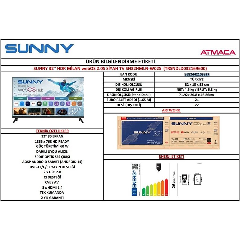 Sunny SN32HMLN -W02S HD 32" 82 Ekran Uydu Alıcılı webOS Smart LED Televizyon - 4